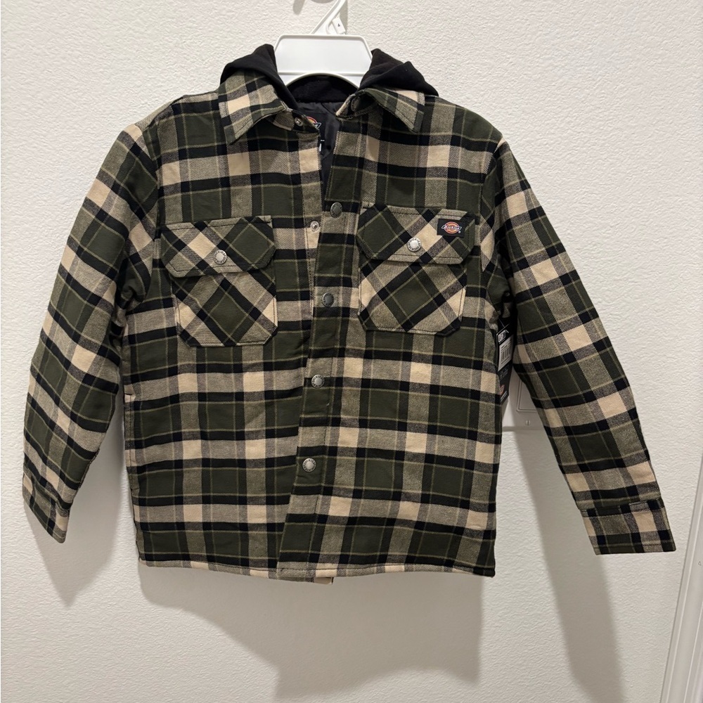Dickies Kids quilted lined Plaid Button Down woven twill Green jacket Small NEW
